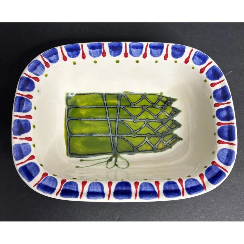 Studio Pottery Bowl Small Serving Asparagus Design Handmade Painted Signed